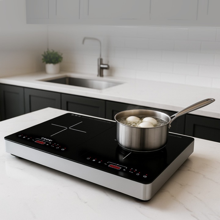 Индукционен котлон COOK-IT, 3500 W, 2 зони, 10 нива на мощност, 60–240°C, таймер 180 мин, сензорно управление, заключване за деца, автоматично разпознаване на тенджера, компактен, сребрист