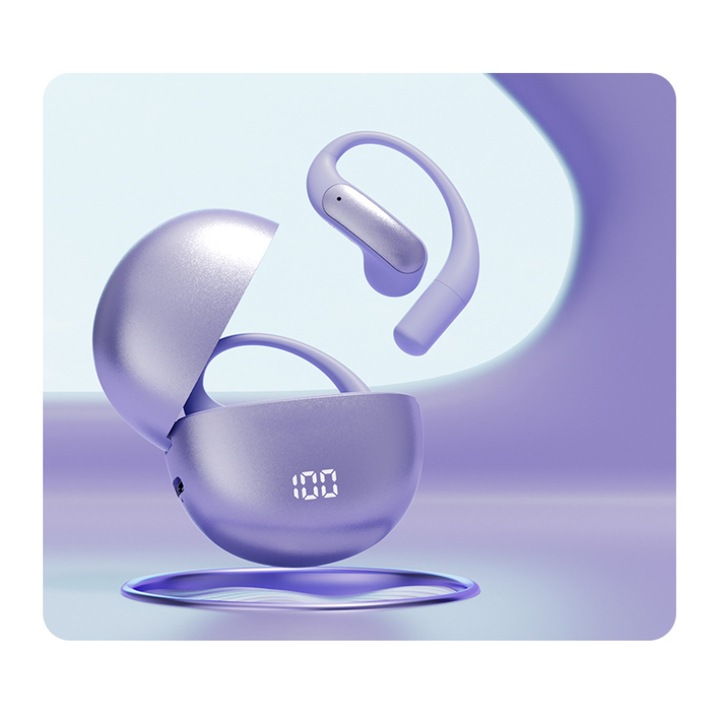 Безжични слушалки AuriCsatic, тип окачено ухо, Bluetooth V5.4, 8 часа живот на батерията, лилав