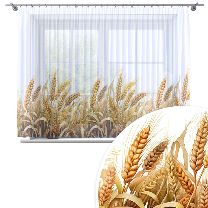 Perdele, Homeview, 300x150 cm, Pentru camera de zi si dormitor, Cu banda de incretire, Decorativ, Montaj usor, Poliester, Alb cu imprimeu