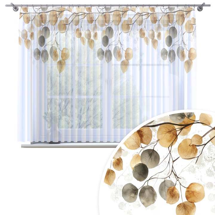 Perdele, Homeview, 300x150 cm, Pentru camera de zi si dormitor, Cu banda de incretire, Decorativ, Montaj usor, Poliester, Alb cu imprimeu