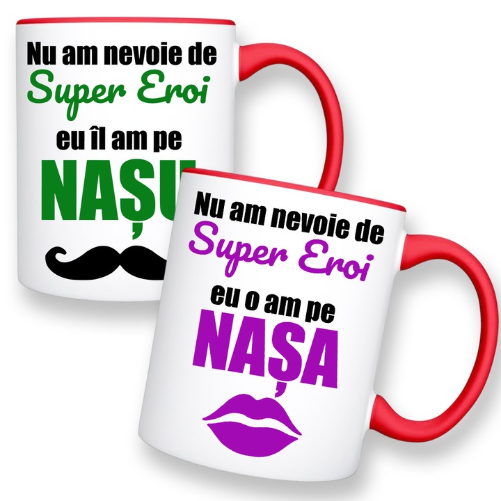 Set 2 cani personalizate pentru nasi cu mesaj:"Nu am nevoie de supereroi...", Betaprint, Model 2, ceramica, 330ml, alba cu interior rosu