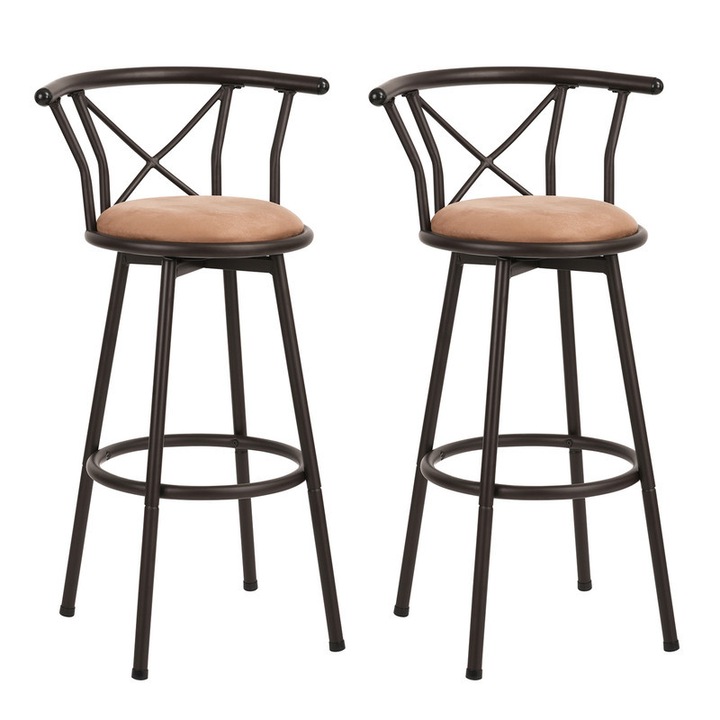 Set de 2 scaune bar, FurnitureR, design industrial, negru si maro, 56x40x98.5cm, inaltime sezut 75.5cm