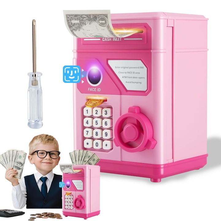 Pusculita electronica buyya, ATM, 13x13x19cm, capacitate mare, cu parola si Functie de simulare a recunoasterii faciale, Cu spatiu pentru pana la 600 de monede sau 100 de bancnote, roz