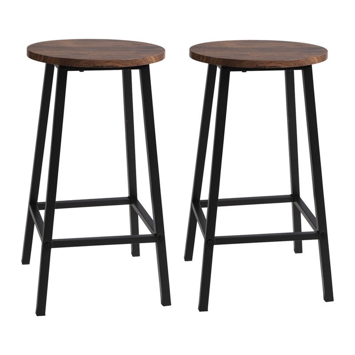 Комплект от 2 бар стола, FurnitureR, метал, рустикален индустриален дизайн, 32x32x65cm, черен и кафяв