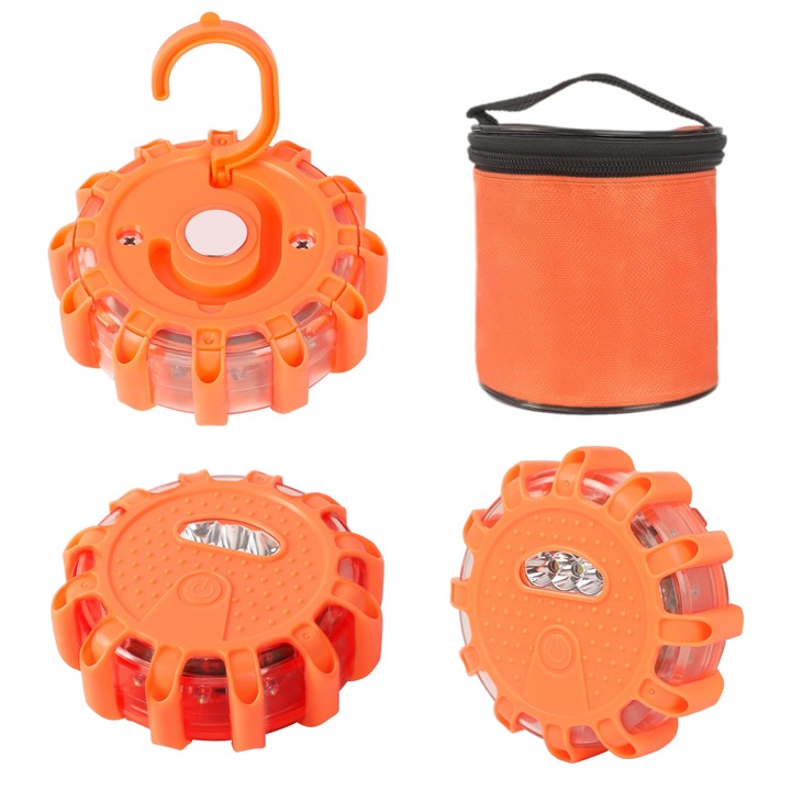 Комплект 3 LED аварийни предупредителни лампи, водоустойчиви, с магнит и кука, 9 режима на мигане, за кола, лодка, камион, с транспортна чанта, OUYLAF