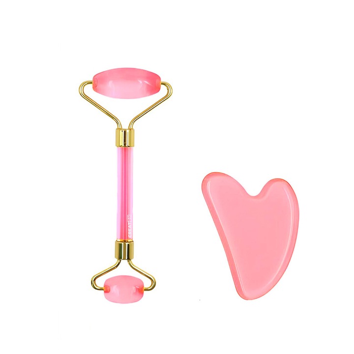 Set Rola De Jad GREATON Pentru Masaj Facial Si Corporal – Piatra Naturala De Jad, Roz