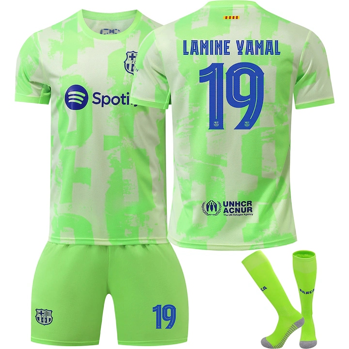 Детски футболен комплект на ФК Барселона Ямал, зелена фланелка и панталон, Зелен
