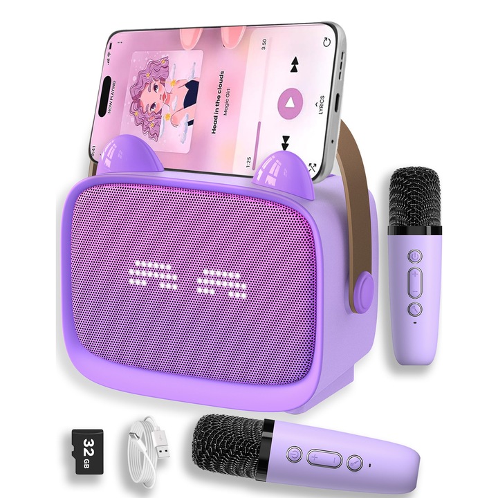 Microfon Karaoke si Boxa ZONEY, cu 2 microfoane wireless, Magic Voice, Pentru Copii si Adulti, Portabil, Bluetooth 5.0, Lumini RGB, 5 Efecte Vocale, Violet