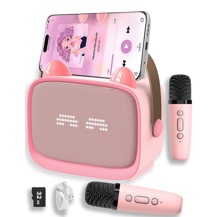 Microfon Karaoke si Boxa ZONEY, cu 2 microfoane wireless, Magic Voice, Pentru Copii si Adulti, Portabil, Bluetooth 5.0, Lumini RGB, 5 Efecte Vocale, Roz