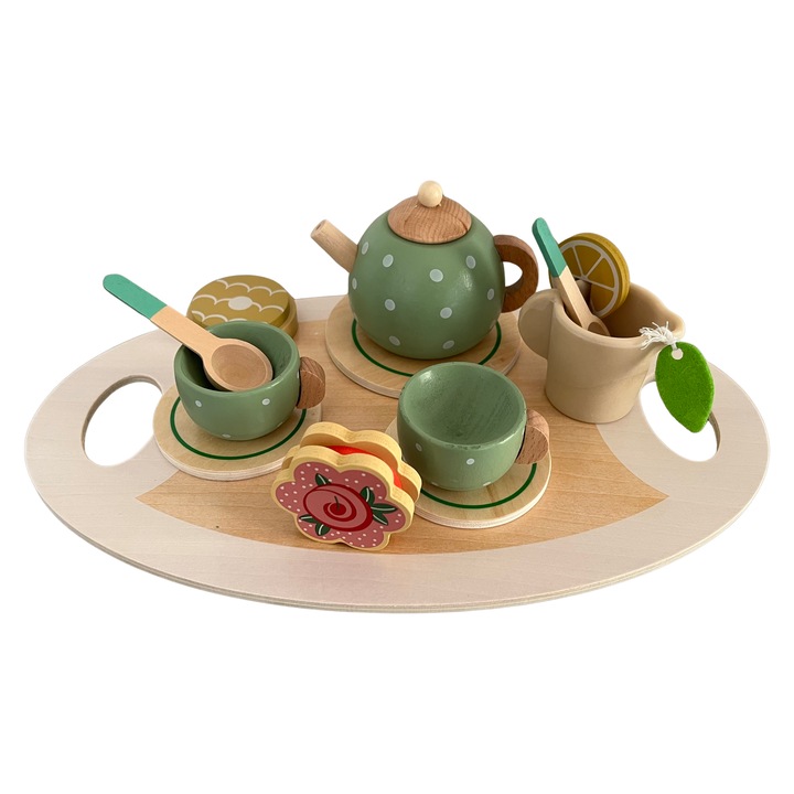 Set cu ceainic si cesti din lemn, joc de rol Montessori cu diferite accesorii, Afternoon tea