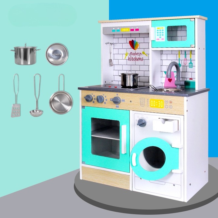 Bucatarie din Lemn Montessori, Set Modern cu Accesorii pentru Gatit, Elemente Detasabile, Set Ustensile, Cuptor cu Butoane, Masina De Spalat, Plita, Microunde si Chiuveta, 88x60x30 cm 3+ Ani
