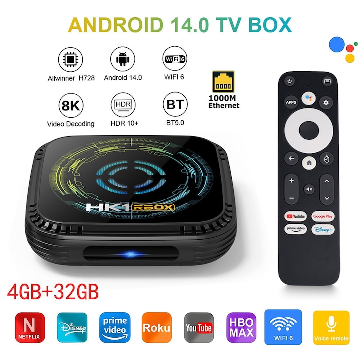 Smart TV Box Android 14, мултимедиен плейър HK1 RBOX H8X 32 GB Allwinner H728 осемядрен, поддръжка 1000M LAN Wifi6 8K Bluetooth гласово дистанционно/охлаждащ вентилатор Намалява температурата