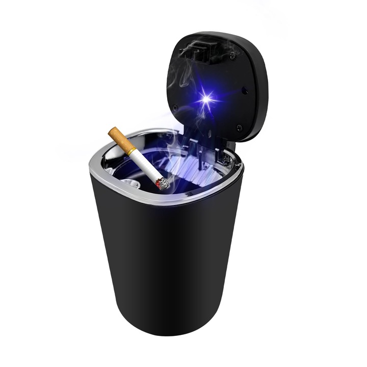 Scrumiera auto detasabil, inoxidabil, anti-odor, lumina LED albastra, capacitate mare