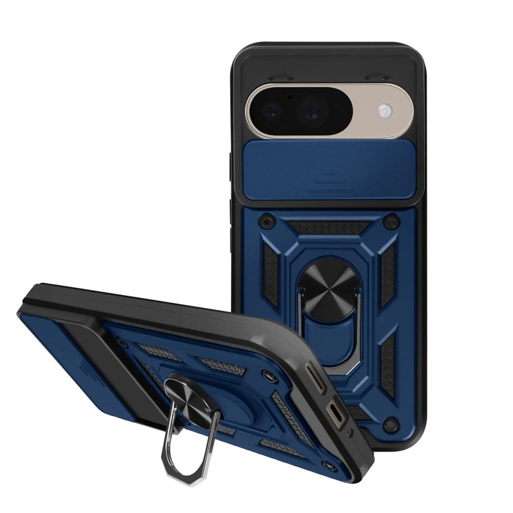 Husa Shutter Spate Armor Ring Lens Cover pentru Google Pixel 10 Pro XL, Slide Mechanism, Functie Magnetica, Camshield Suportul Inel Rotativ 360°, Albastru