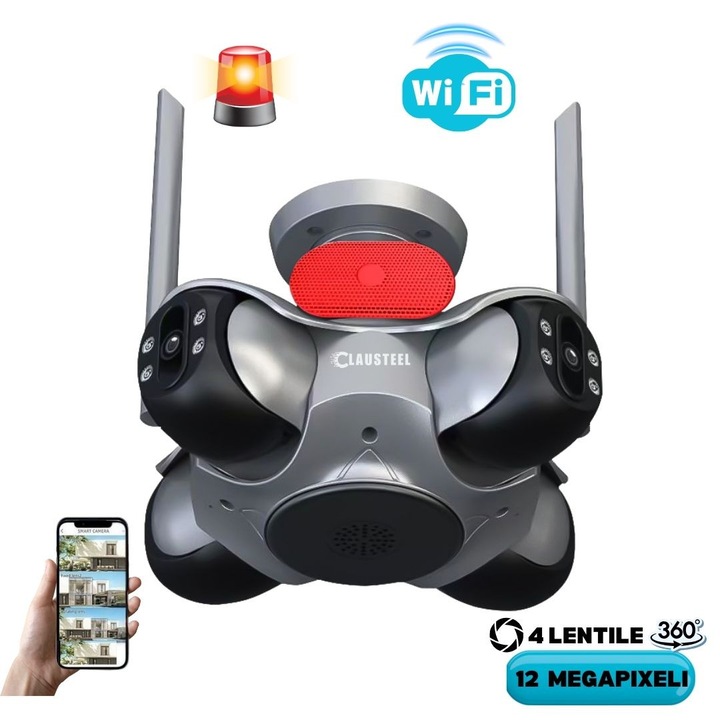CLAUSTEEL 4в1 камера за видеонаблюдение, WiFi, 360 градуса, 4 PTZ обектива, 12 MP, сензор за движение, слот за MicroSD карта, микрофон, цветно нощно виждане, аларма, наблюдава 4 зони едновременно