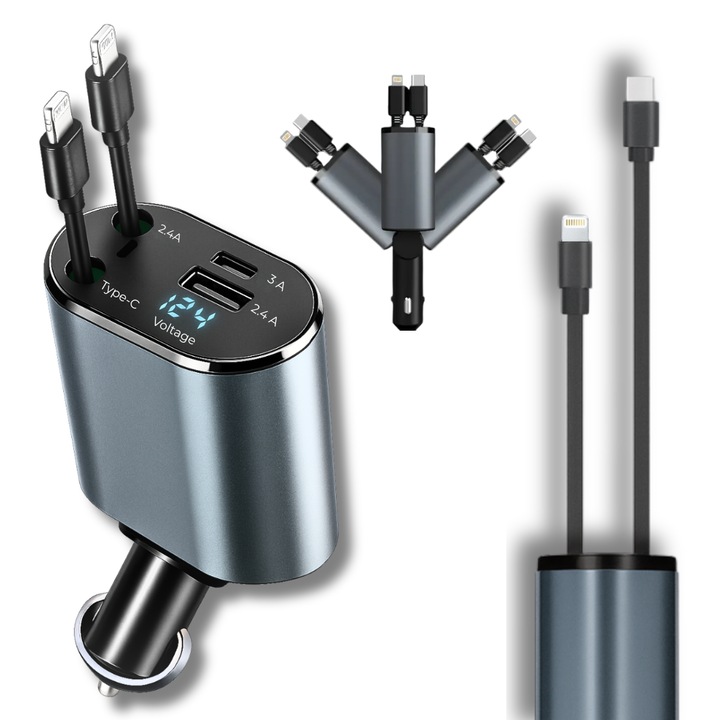 Incarcator Auto Multifunctional 4 in 1, 120W Power Delivery, Cablu Retractabil Type-C & Lightning, 2 Porturi USB + USB-C, Afisaj LED, Compatibil Android, iPhone, Universal, Gri-Negru