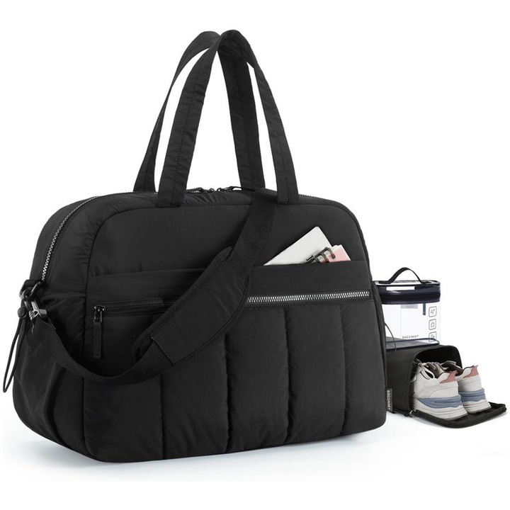 Geanta de Voiaj 25L Pentru Femei, Usoara si Pliabila - Compartiment Organizat cu Separator Uscat/Umid - Esther Beauty® - Nailon Rezistent - 42x30x19 cm, Negru