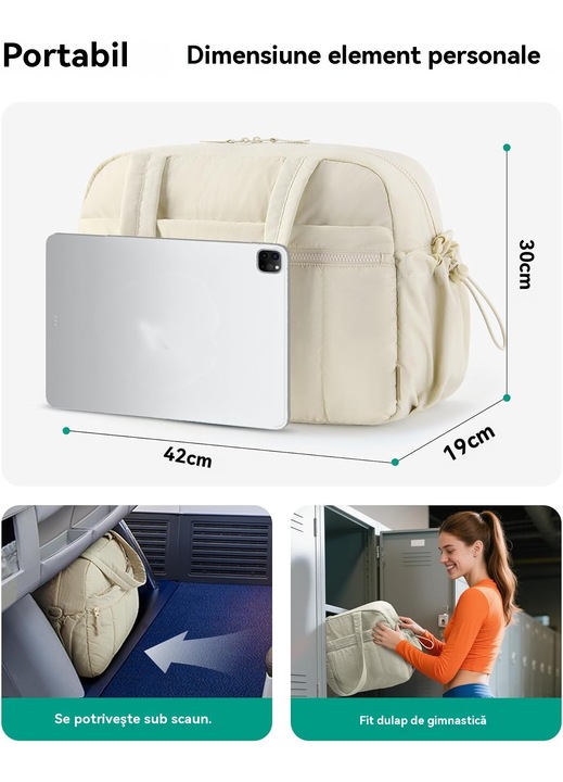 Пътна Чанта 25L за Жени, Лека и Сгъваема - Организирано Отделение със Сухо/Мокро Разделение - Esther Beauty® - Устойчив Найлон - 42x30x19 cm, Бяла