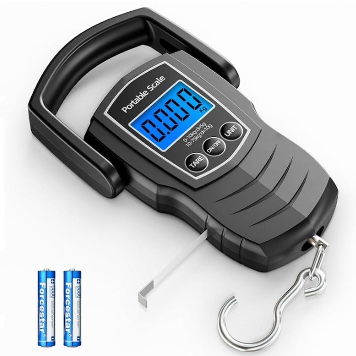 Cantar digital de mana cu carlig, Axroad Mall, Cantar portabil, Cu banda de masurare, Capacitate 75kg, 4 unitati de masura, Afisaj LCD, Precizie 0.01, Oprire automata, Baterie inclusa, ABS, 6.8*8.3cm, Negru