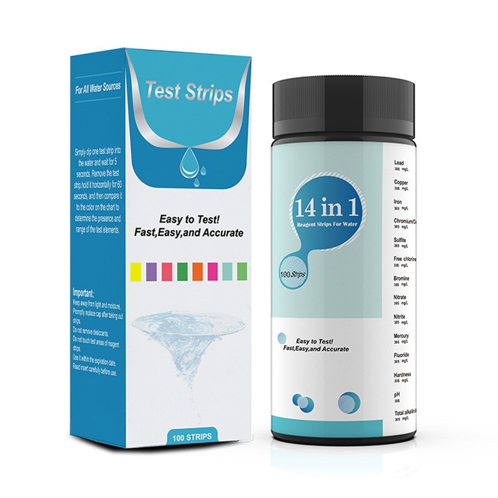 Test apa, Axroad Mall, 100 Benzi de testare 14 in 1, Clor liber/clor total/PH/alcalinitate/duritate/acid cianuric, Portabil, Usor de utilizat, Pentru acvariu, piscina, apa potabila, Plastic, 5.3*14.3cm, Muticolor