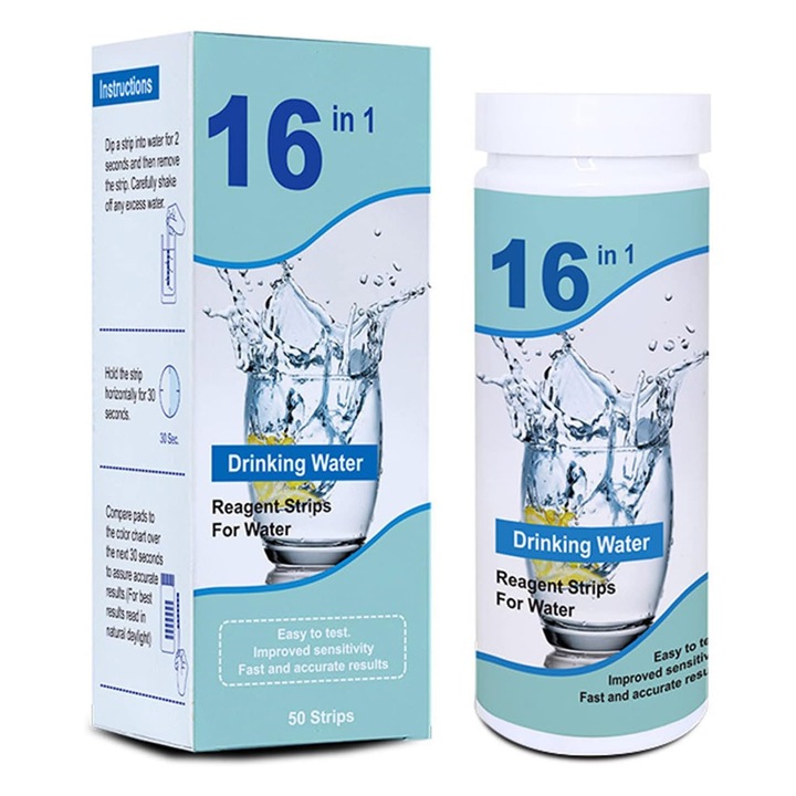 Test apa, Axroad Mall, 50 Benzi de testare 16 in 1, Clor liber/clor total/PH/alcalinitate/duritate/acid cianuric, Portabil, Usor de utilizat, Pentru acvariu, piscina, apa potabila, Plastic, 5.5*5.5*15cm, Muticolor
