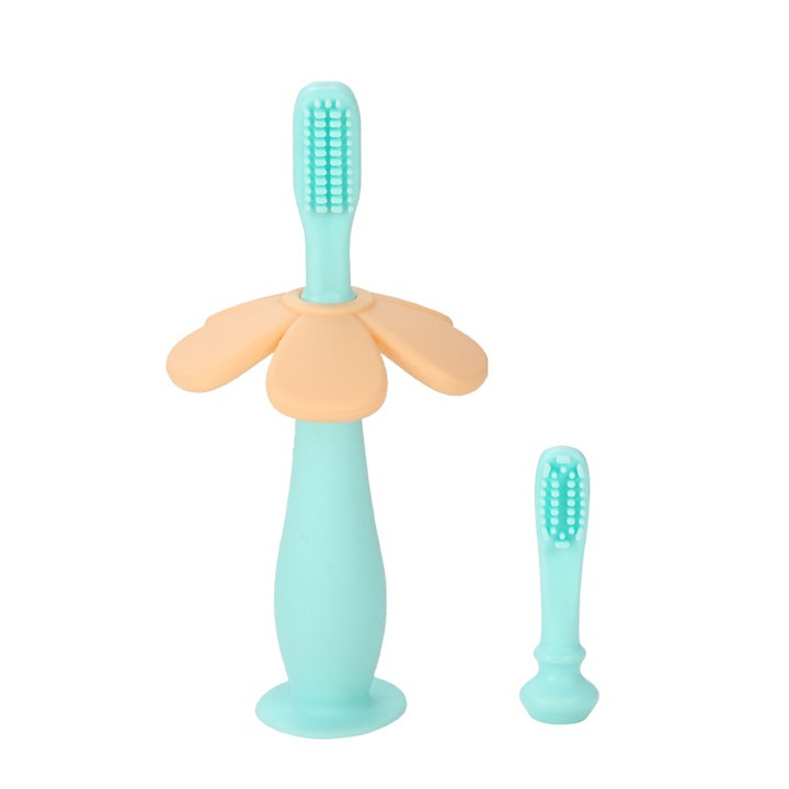 Periuta de dinti din silicon pentru bebelusi, Axroad Mall, Cu 2 capete si ventuza, Bariera anti-Inghitire, Bristles ultra-moi, Maner ergonomic, Sigur fara stimulare, Fara BPA, PVC, Pentru curatare limba, gingii si dinti sugari si copii, 12cm, Verde