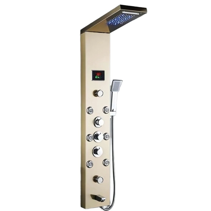 Modern zuhanypanel 304-es rozsdamentes acélból, vízesés funkcióval és több fúvókával, fali szereléshez, arany színben