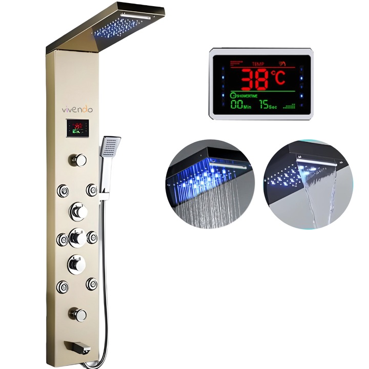 Coloana de Dus Vivendo SMART, Inox 304, Auriu, Panou cu Afisaj Digital, 6 Moduri Diferite, Montaj pe Perete