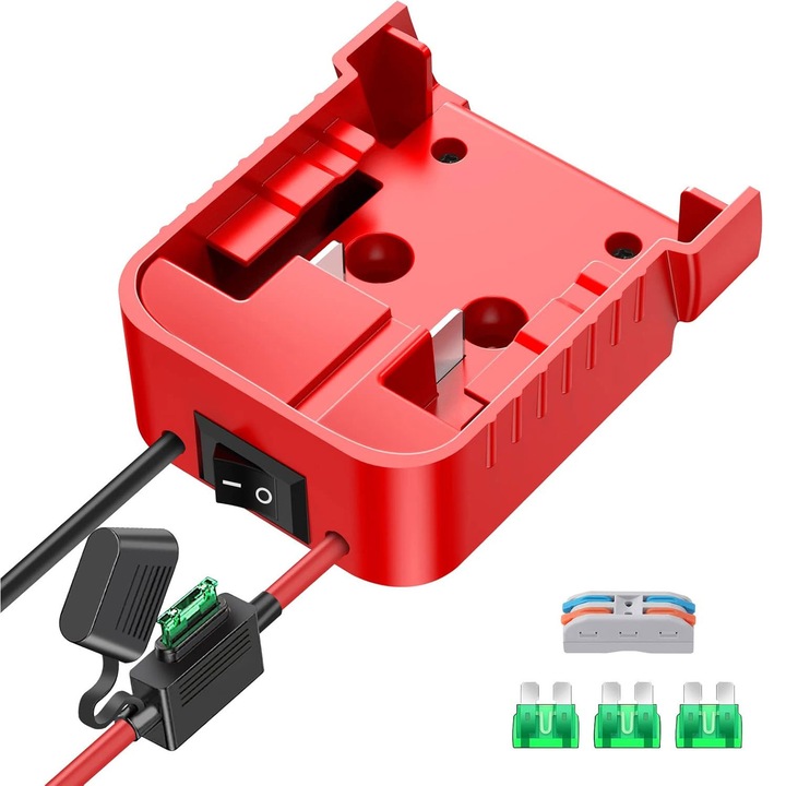 Adaptor baterie cu comutator, RASK, Compatibil cu Milwaukee 18V baterii, 12 AWG, ABS, rosu
