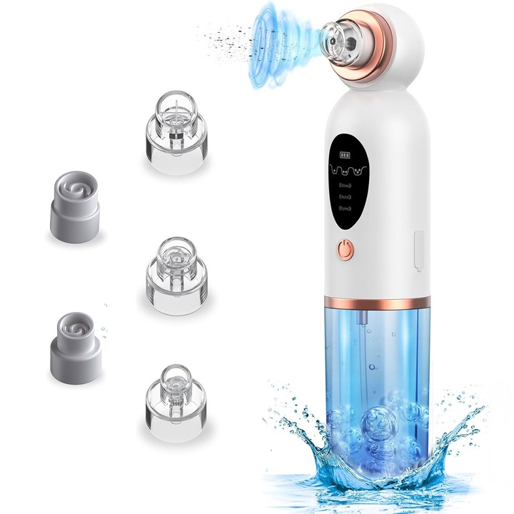 Апарат за премахване на черни точки, RASK, стерилизация с вода, мощен вакуум, почистване и грижа за лицето, 3 режима, 6 накрайника, USB зареждане, бял