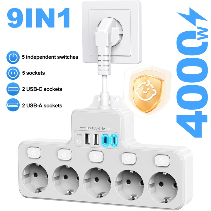 YeeLei Hosszabbító, 4000W, egyedi kapcsolóval, 5 aljzat, 2 USB-C, 2 USB-A, 0.1M, Falra szerelhető több aljzat, gyerekzárral, rövidzárlat elleni védelemmel, fehér
