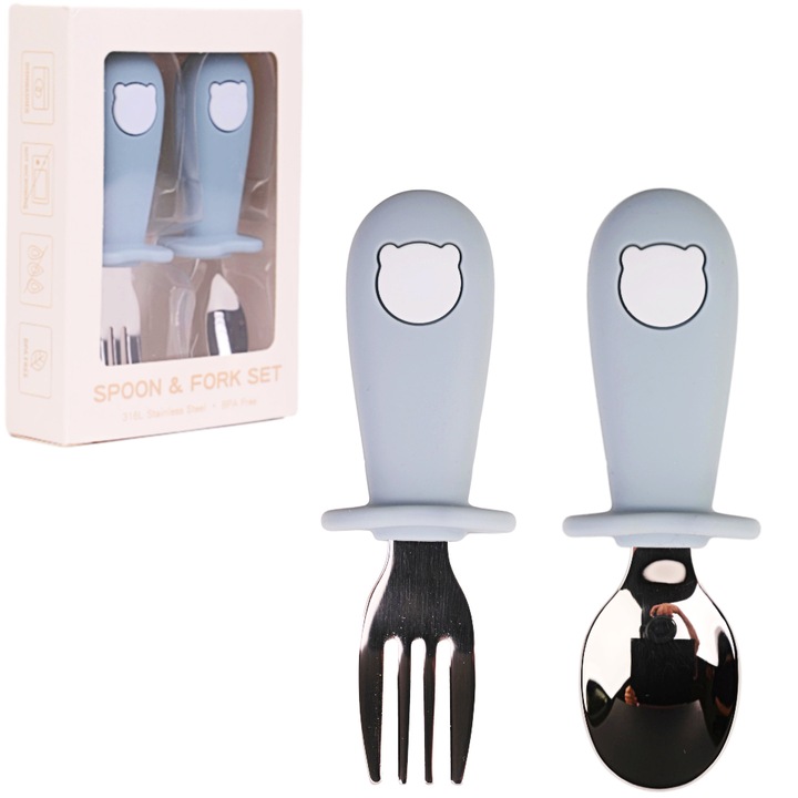 Комплект прибори за хранене Babysnugg за бебета и деца, вилица и лъжица от силикон и неръждаема стомана, син