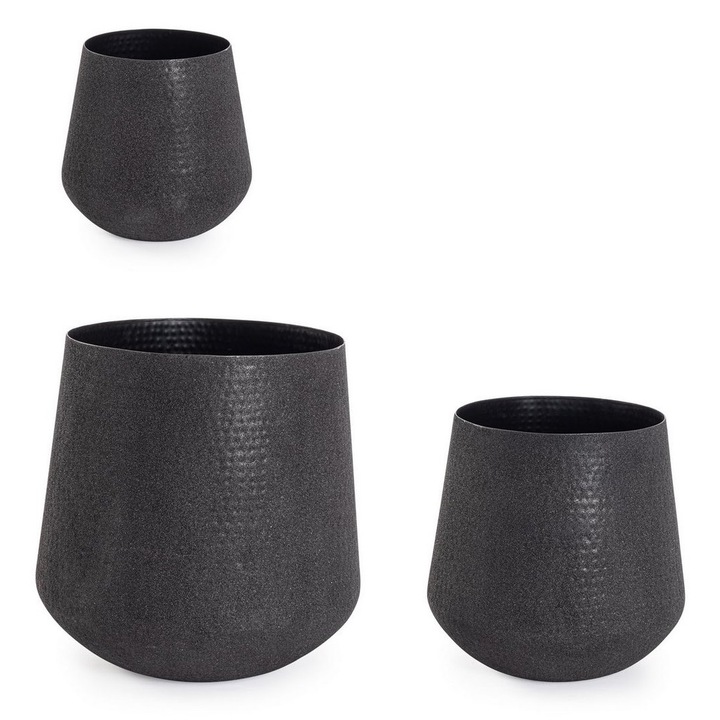 3 db fekete fém virágcserép Kenar Ø27x35, 5h, ø37x48, 5h, ø48x61h