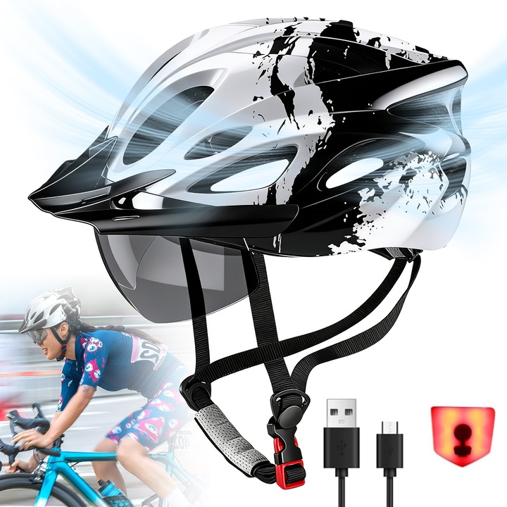 Casca Protectie Bicicleta, YeeLei®, cu Lumina Spate, Ochelari cu Fixare Magnetica, Viziera, Rezistenta la Impact, 57-62cm, Ventilata, Adulti, pentru Bicicleta, Alb si Negru