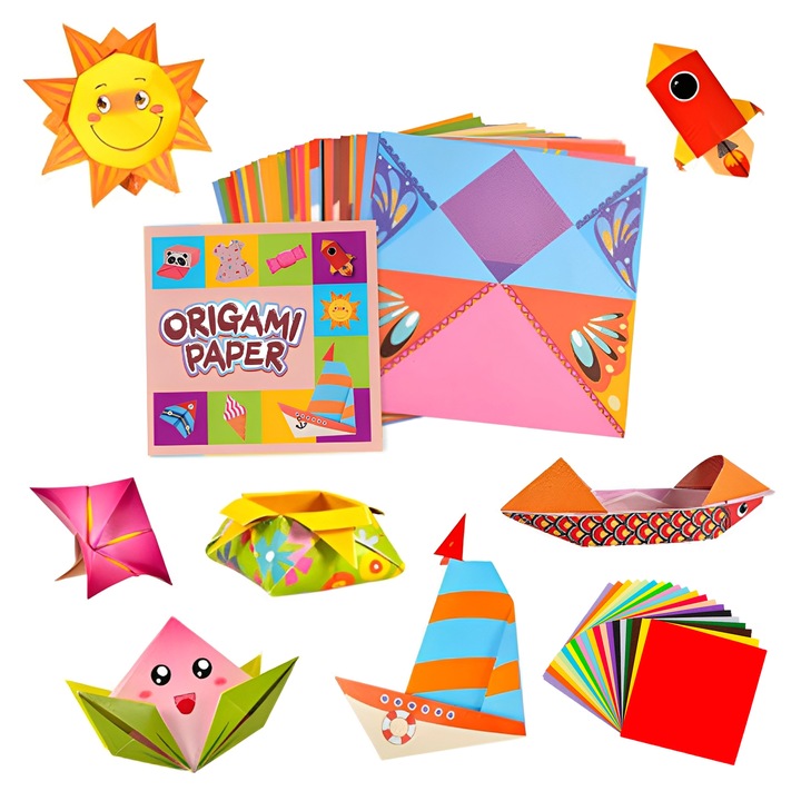 Set origami pentru copii, TREXORA, 54 foi, 27 stiluri, 14x14cm, multicolor