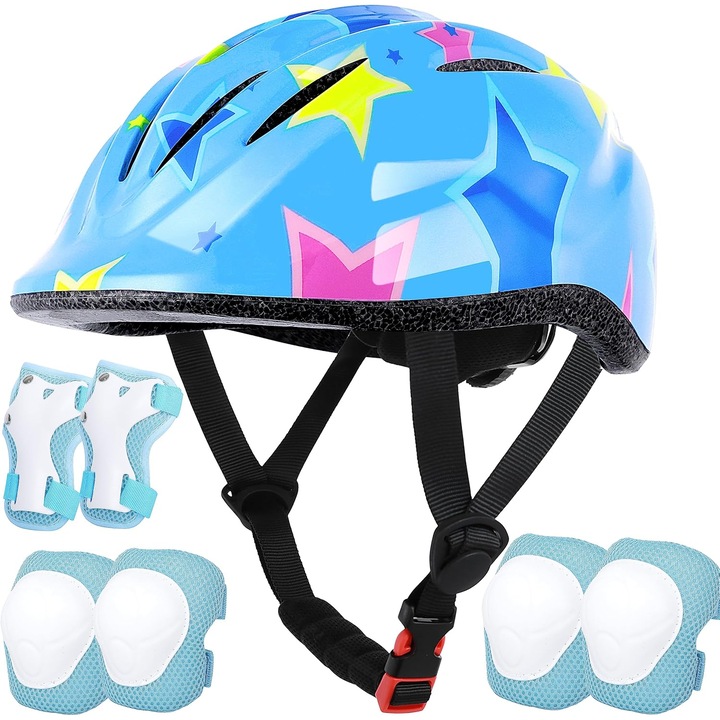 Детска каска за защита YeeLei®, за Велосипед, 3-9 години, Наколенки, Налакътници и Протектори за Китка, за Колоездене, Кънки, Скейтборд, Обиколка на Главата 50-54 см, Син