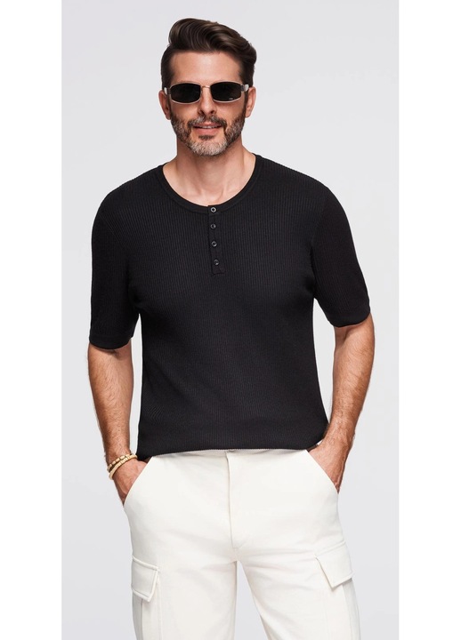 OMBRE, Szűk fazonú bordázott póló gombos nyakkivágással, Fekete