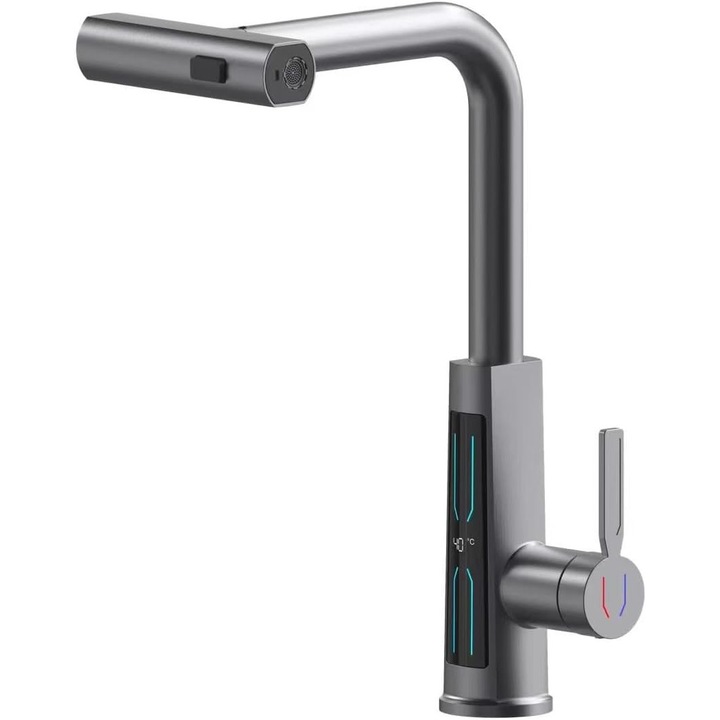 Prémium mosogatócsaptelep, hőmérsékletkijelzővel, 3 az 1-ben kihúzható zuhany, 360-as típus, szatén szürke - CN