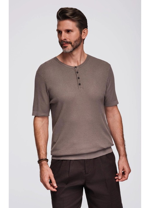 OMBRE, Szűk fazonú bordázott póló gombos nyakkivágással, Világosbarna