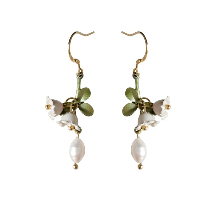 Cercei din argint 925, cercei cu flori de lacramioare, cercei cu ciucuri florali pentru femei, perle de apa dulce, design pastoral, ciucuri verzi, accesorii usoare pentru femei