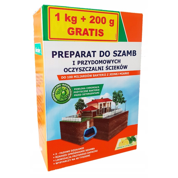 Microbec Ultra, препарат за септични ями и пречиствателни станции, 1,2 кг, аромат на лимон
