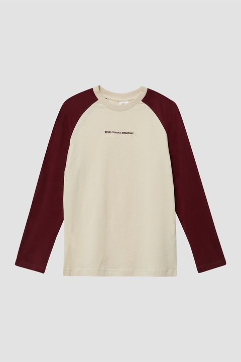 s.Oliver, Bluza cu decolteu la baza gatului si design text, Visiniu/Bej deschis, 134-140 CM