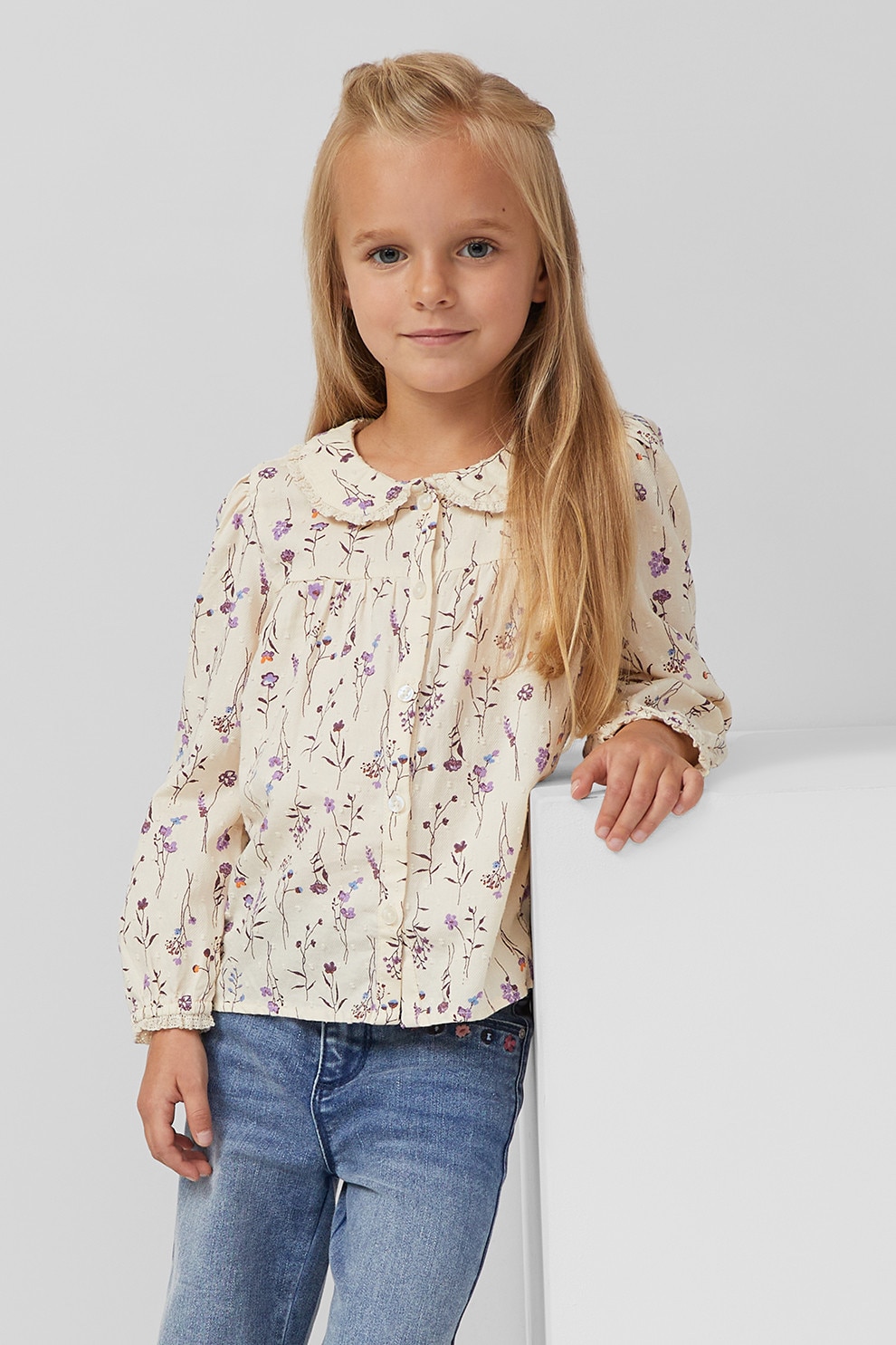 s.Oliver, Camasa cu guler cu volane si model floral, Bej, Violet tyrian, 140 CM