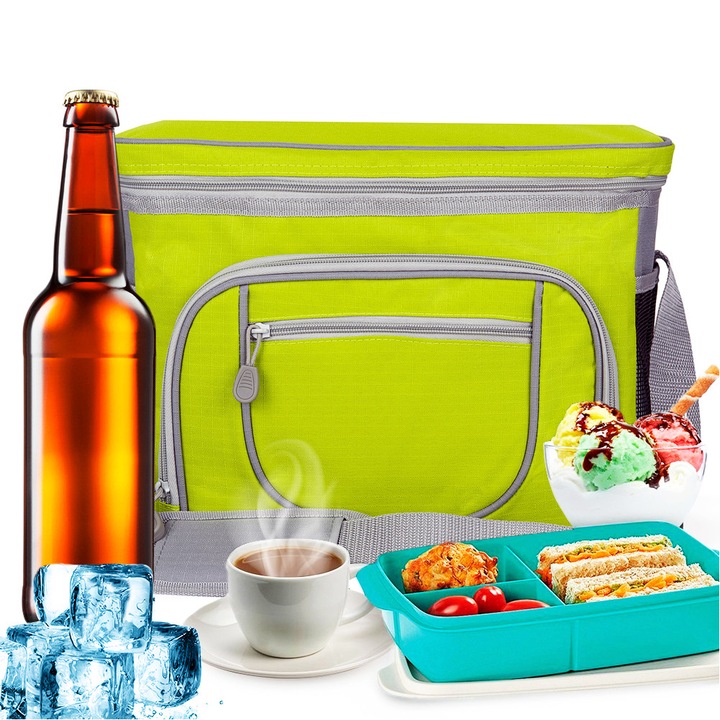 Nagy hőszigetelt táska, Hűtőtáska, Malcom, Ételhordó, Ideális piknikre, strandra, családi utazásokhoz, 30 L, Méretek: 26x27x36cm, Hőszigetelt főrekesz, Állítható vállpánt, Zöld
