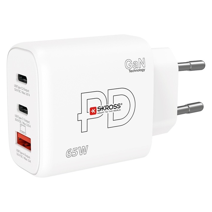 Încărcător rapid SKROSS 65W 2xUSB-C, USB, PD, GaN