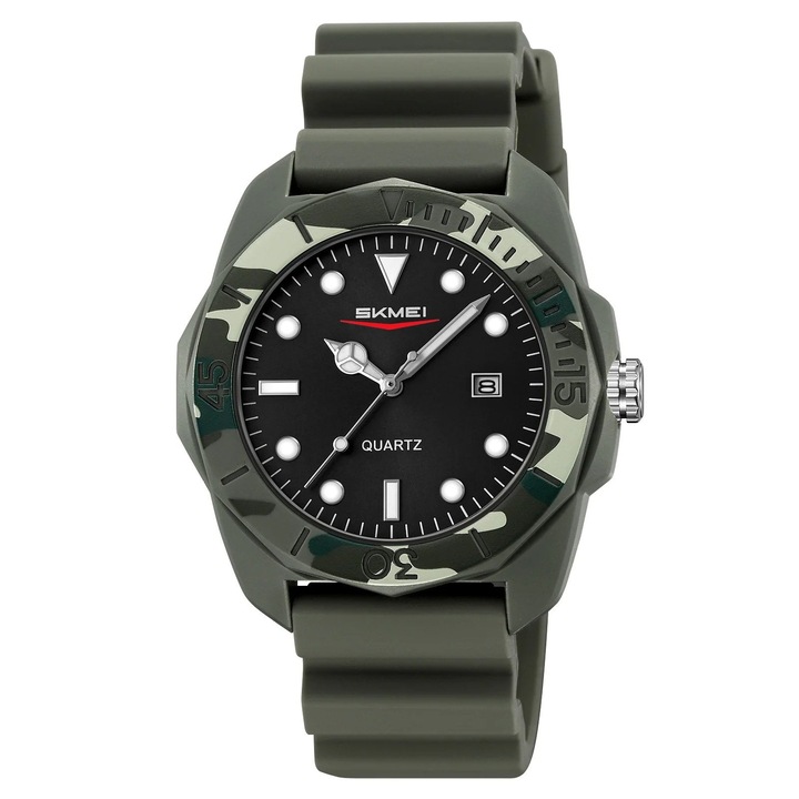 SKMEI 2393 férfi karóra zöld-álcázó mintával – szilikon szíj, sportos dizájn, 5ATM vízállóság