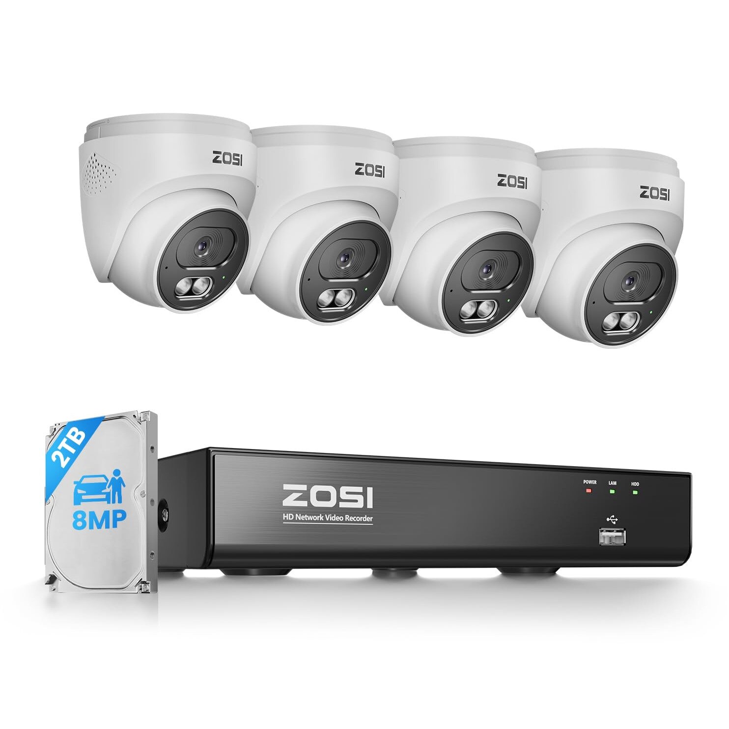 Set camere de securitate Zosi 4K, 4 camere IP 8Mp, NVR HDD 2TB