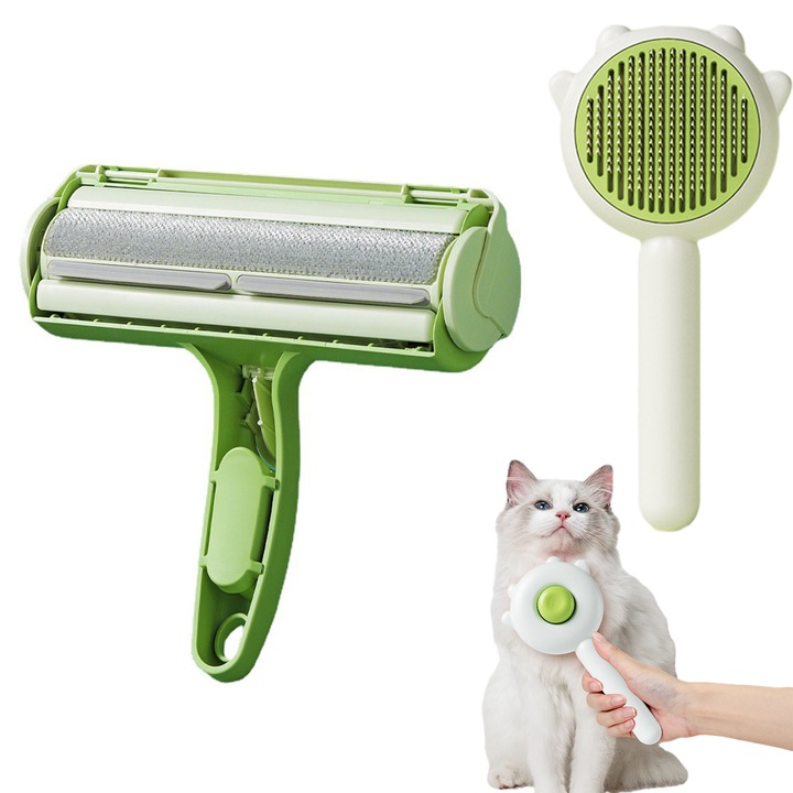 Set pentru indepartarea parului de animale, YYHengCMU, dispozitiv pentru indepartarea parului de animale, rola/pieptene pentru animale, indeparteaza rapid parul de pisica si caine, delicat cu pielea, structura din plastic ABS, usor de utilizat, verde
