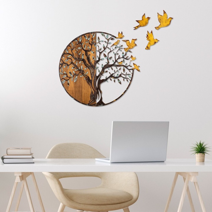 Kézzel festett dekoratív fa falkiegészítő, 92 x 71 x 3 cm, 100% tömör fa (3 cm) és fém (1,5 mm), Egyedi színváltozatok a stílusos lakberendezéshez