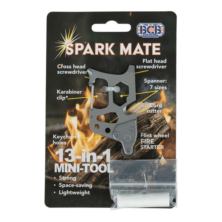 Breloc multifunctional cu amnar de aprins focul BCB CK916 din inox, cu carbinera de prindere, 33 g